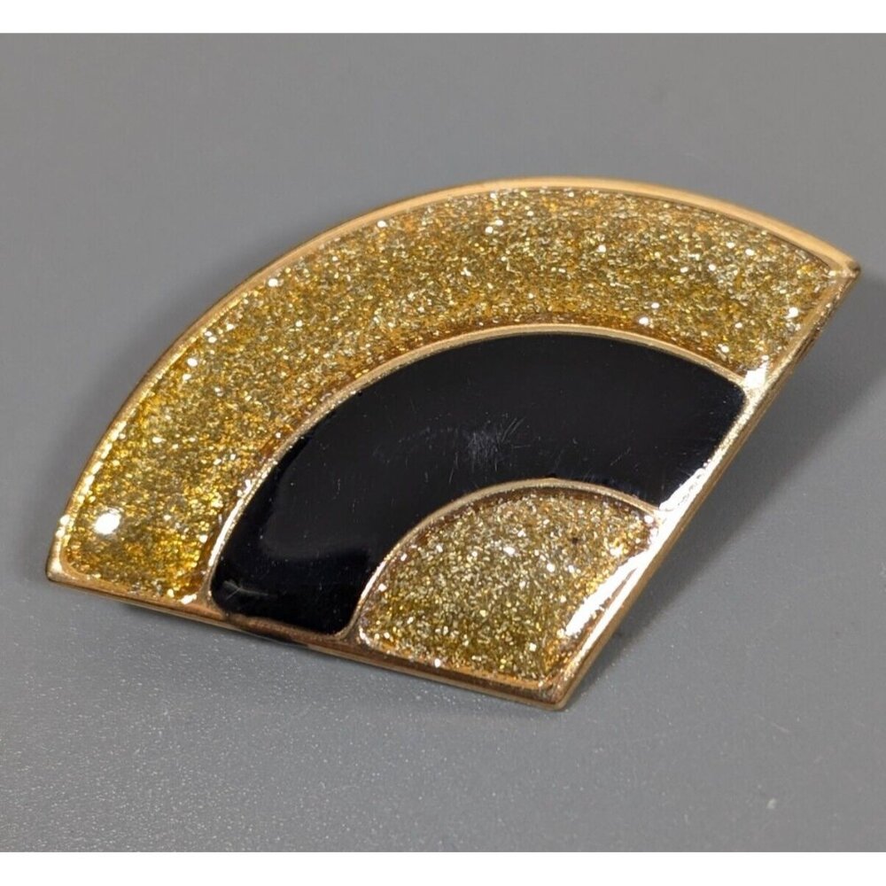 VTG Gold Tone Glitter Black Enamel Art Deco Fan Curved Brooch pin